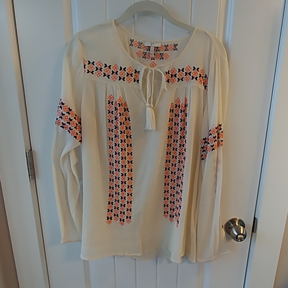 Joie tunic top cream with orange and blue embroide